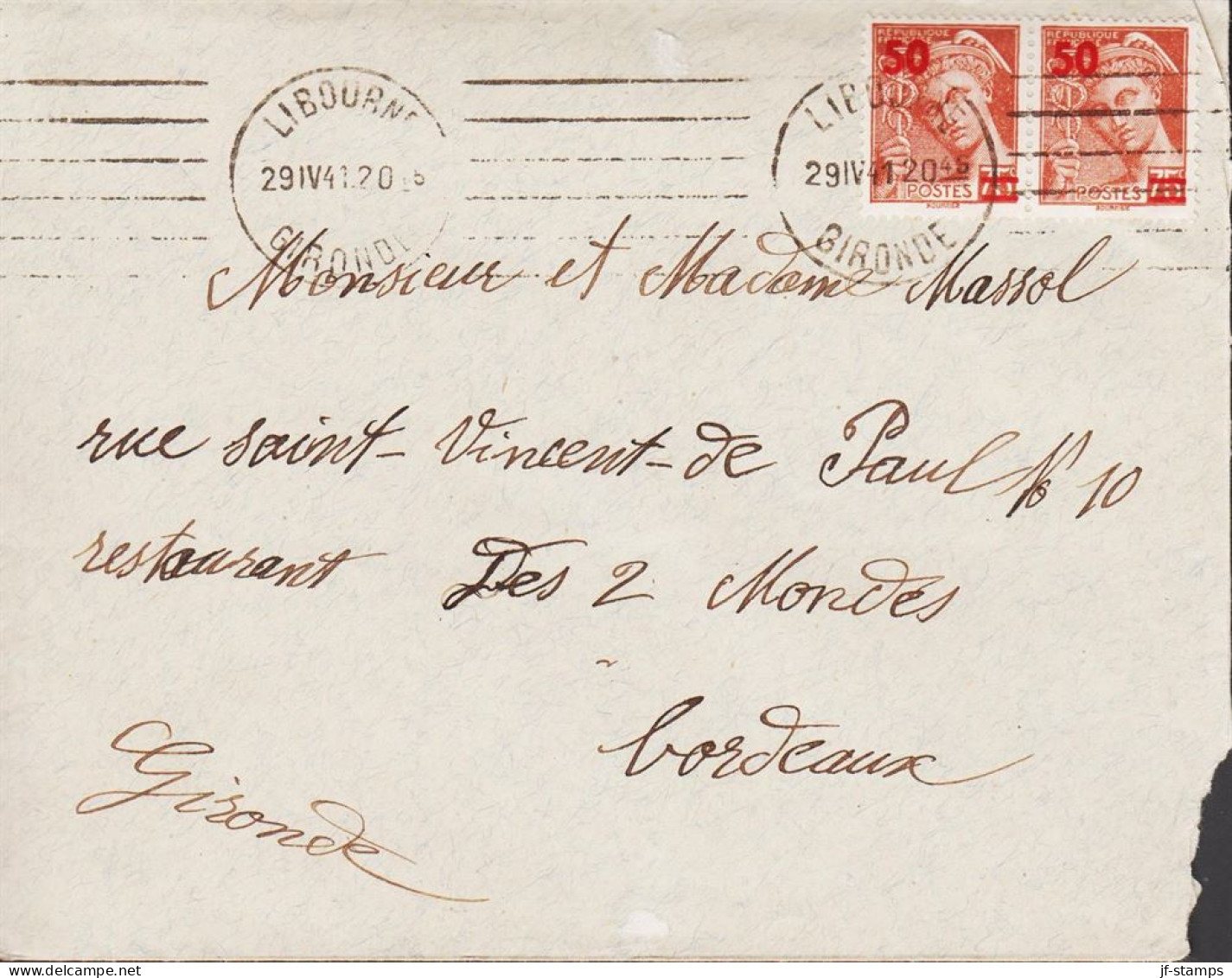 1941. REP. FRANCAISE. Pair 50 On 75 C On Cover Cancelled LIBOURNE 29 IV41.  (Michel 482) - JF545776 - Covers & Documents