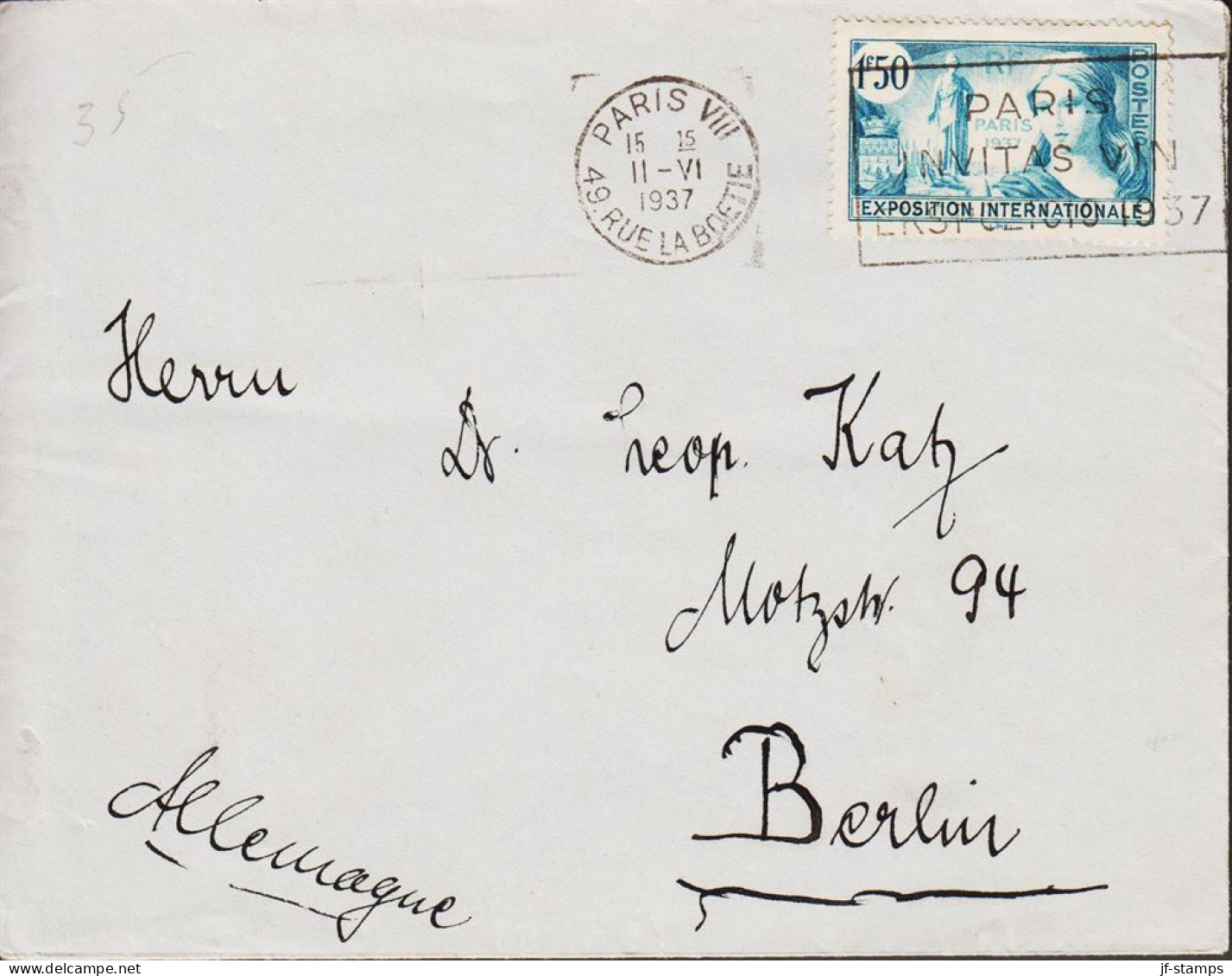 1937. REP. FRANCAISE. R1F50 EXPOSITION INTERNATIONALE PARIS Single On Cover To Berlin, German... (Michel 342) - JF545780 - Ongebruikt