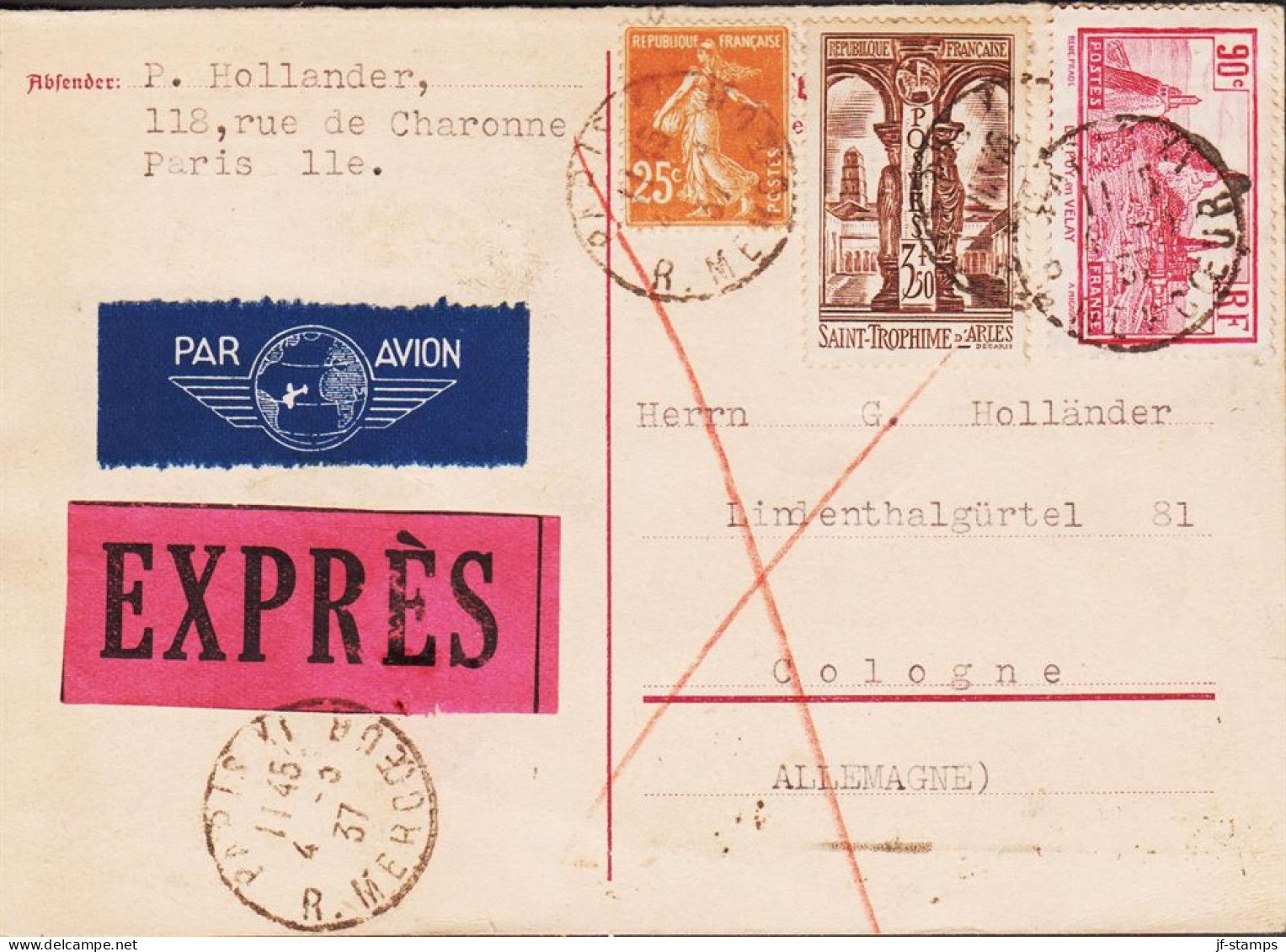1937. REP. FRANCAISE. 15 Pf Hindenburg Antwortkarte Used With 25 C + 90 C Le Puy And 3F50 Sa... (Michel 298+) - JF545781 - Autres & Non Classés