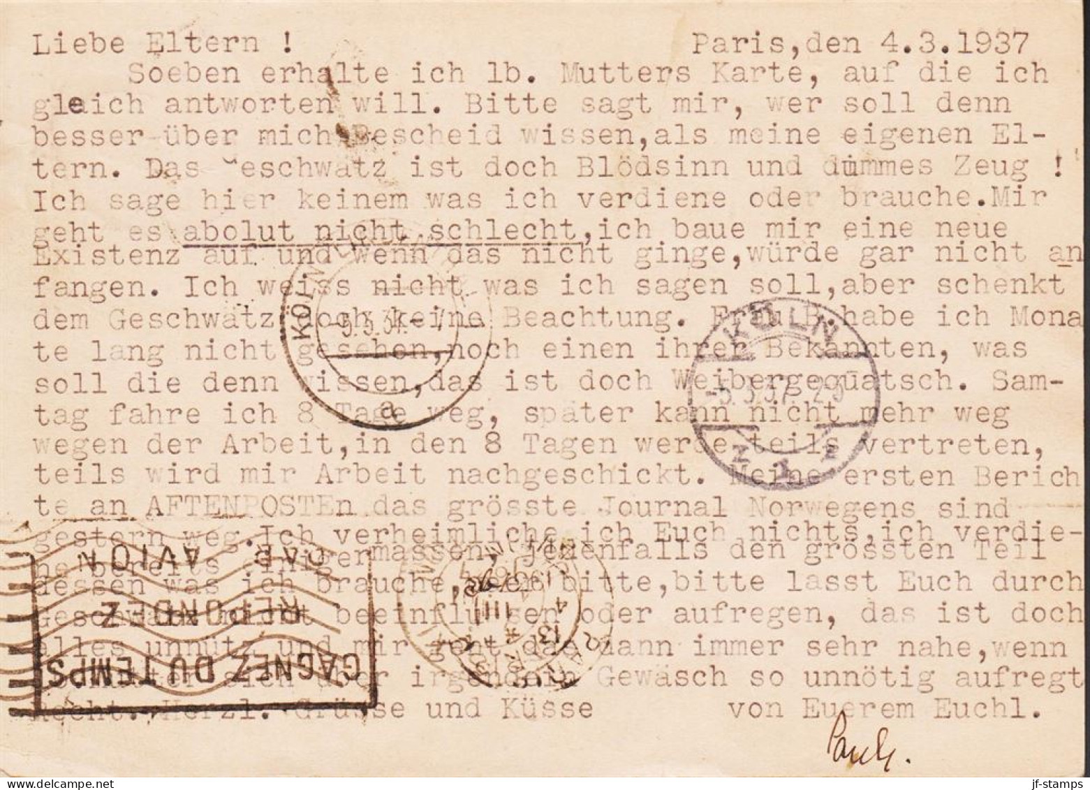 1937. REP. FRANCAISE. 15 Pf Hindenburg Antwortkarte Used With 25 C + 90 C Le Puy And 3F50 Sa... (Michel 298+) - JF545781 - Other & Unclassified