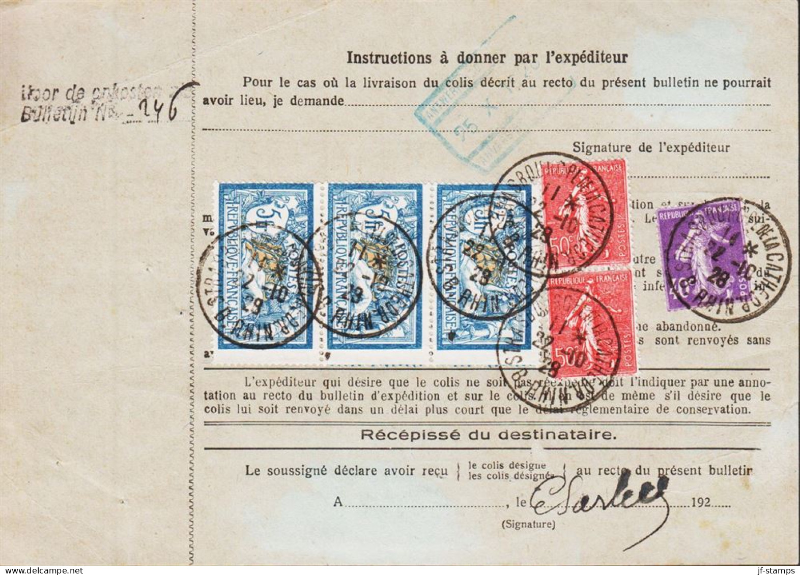 1928. REP. FRANCAISE. Very Interesting Parcel Card Bulletin D'expedition To Belgium Cancelle... (Michel 100+) - JF545785 - Neufs