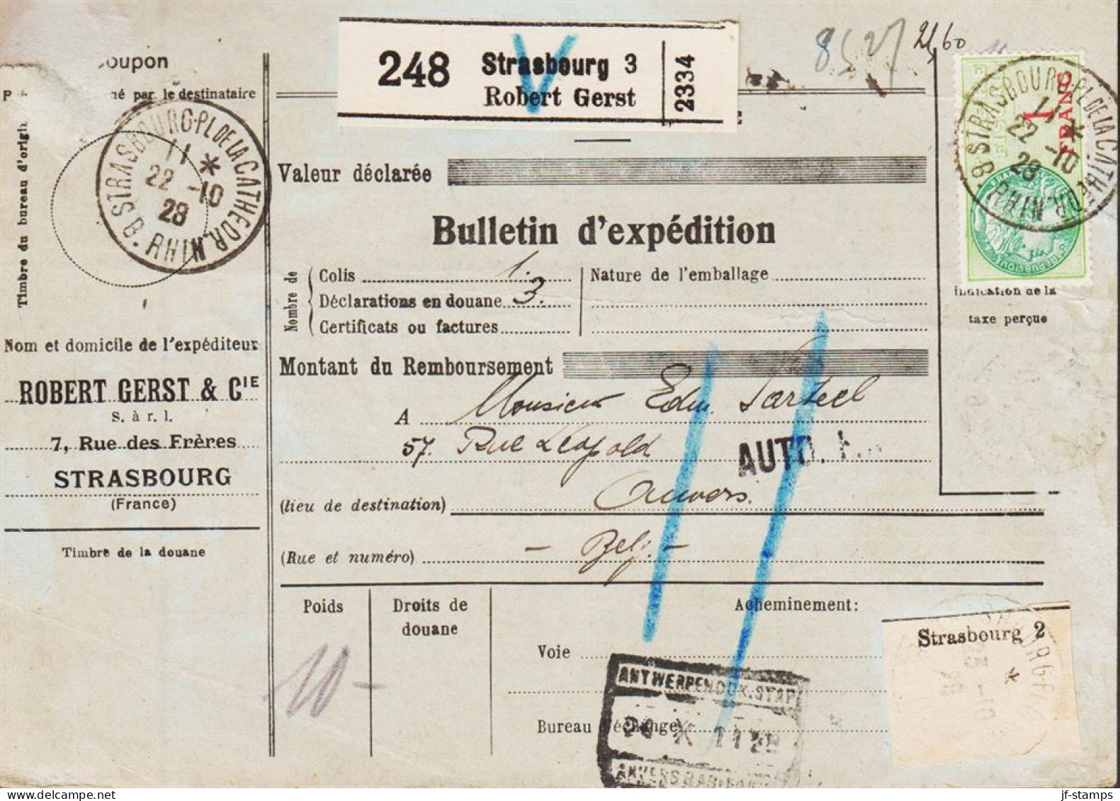 1928. REP. FRANCAISE. Very Interesting Parcel Card Bulletin D'expedition To Belgium Cancelle... (Michel 100+) - JF545785 - Ongebruikt