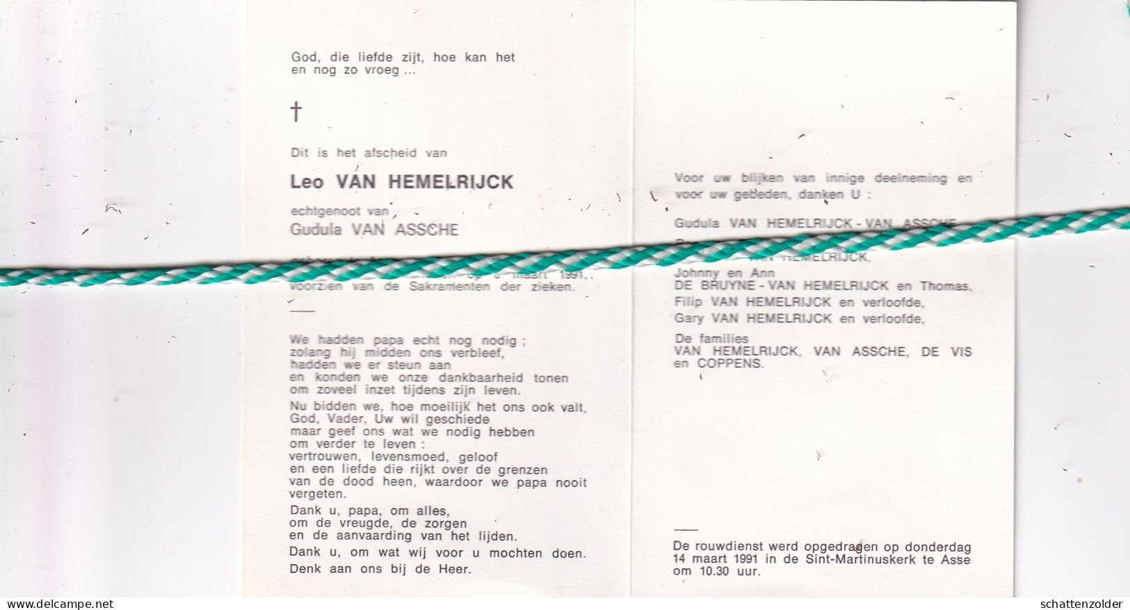 Louis Van Hemelrijck-Van Assche, Asse 1938, 1991 - Obituary Notices