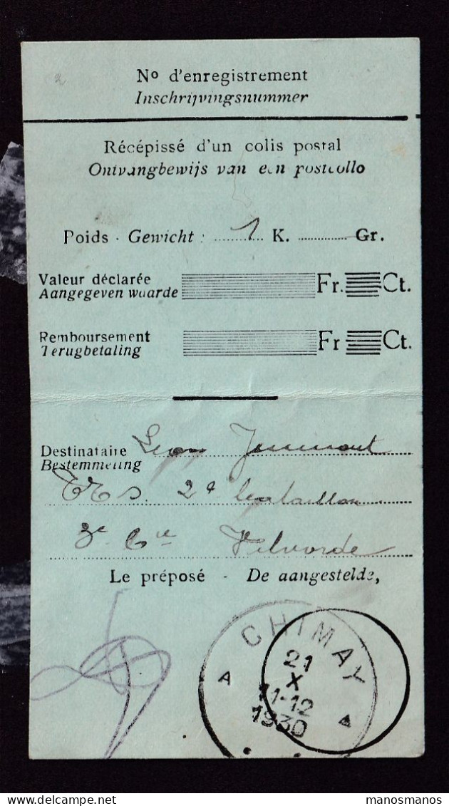 240/41 - Document De La Poste - Récépissé De Colis Postal Vers Le Militaire Jeumont - CHIMAY A 1930 - Zonder Portkosten