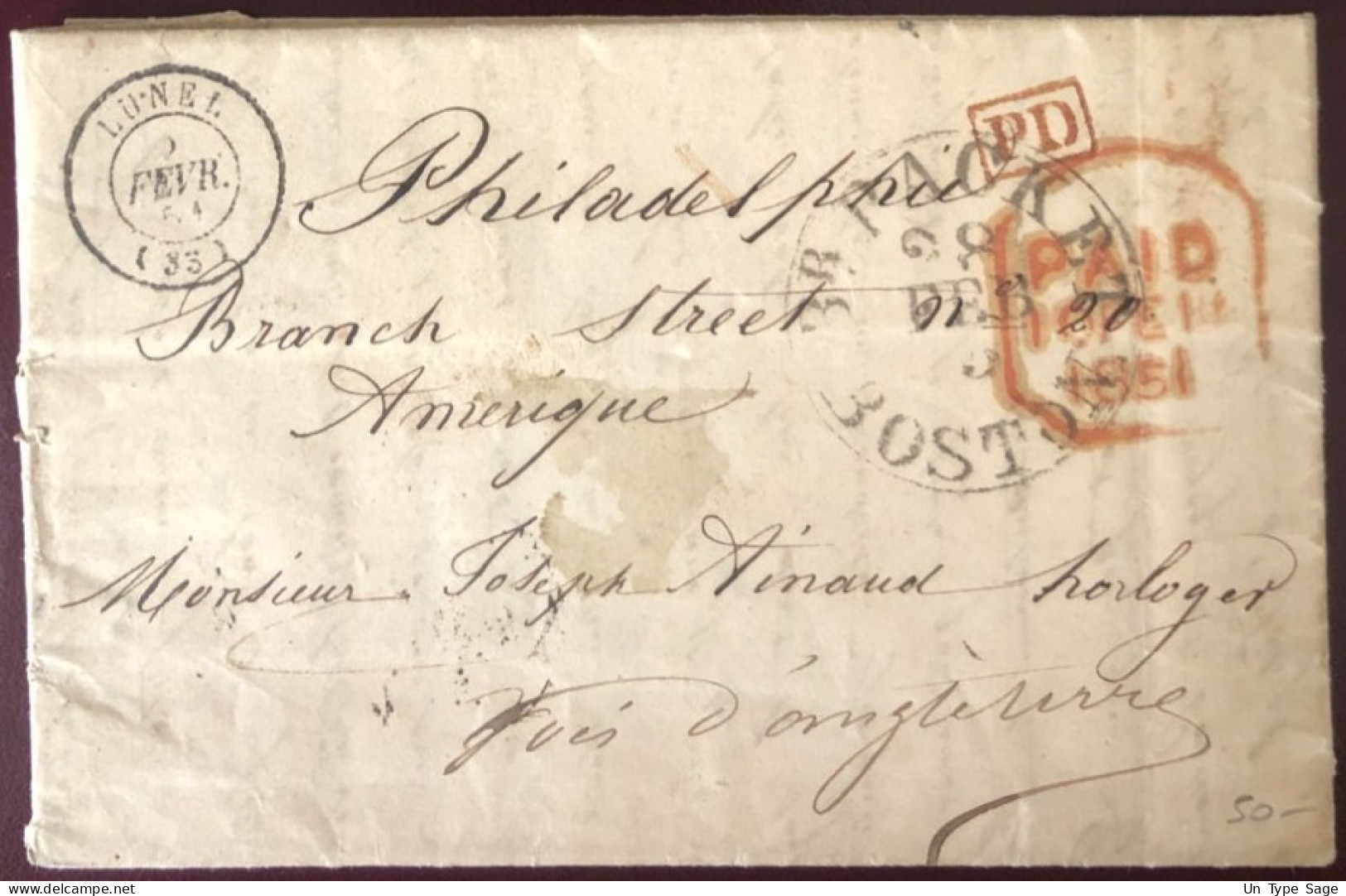 Etats-Unis, Cachet BR. PACKET / BOSTON 28.2.1851 Sur Lettre De Lunel, France Pour Philadelphie - (C154) - Marcofilie