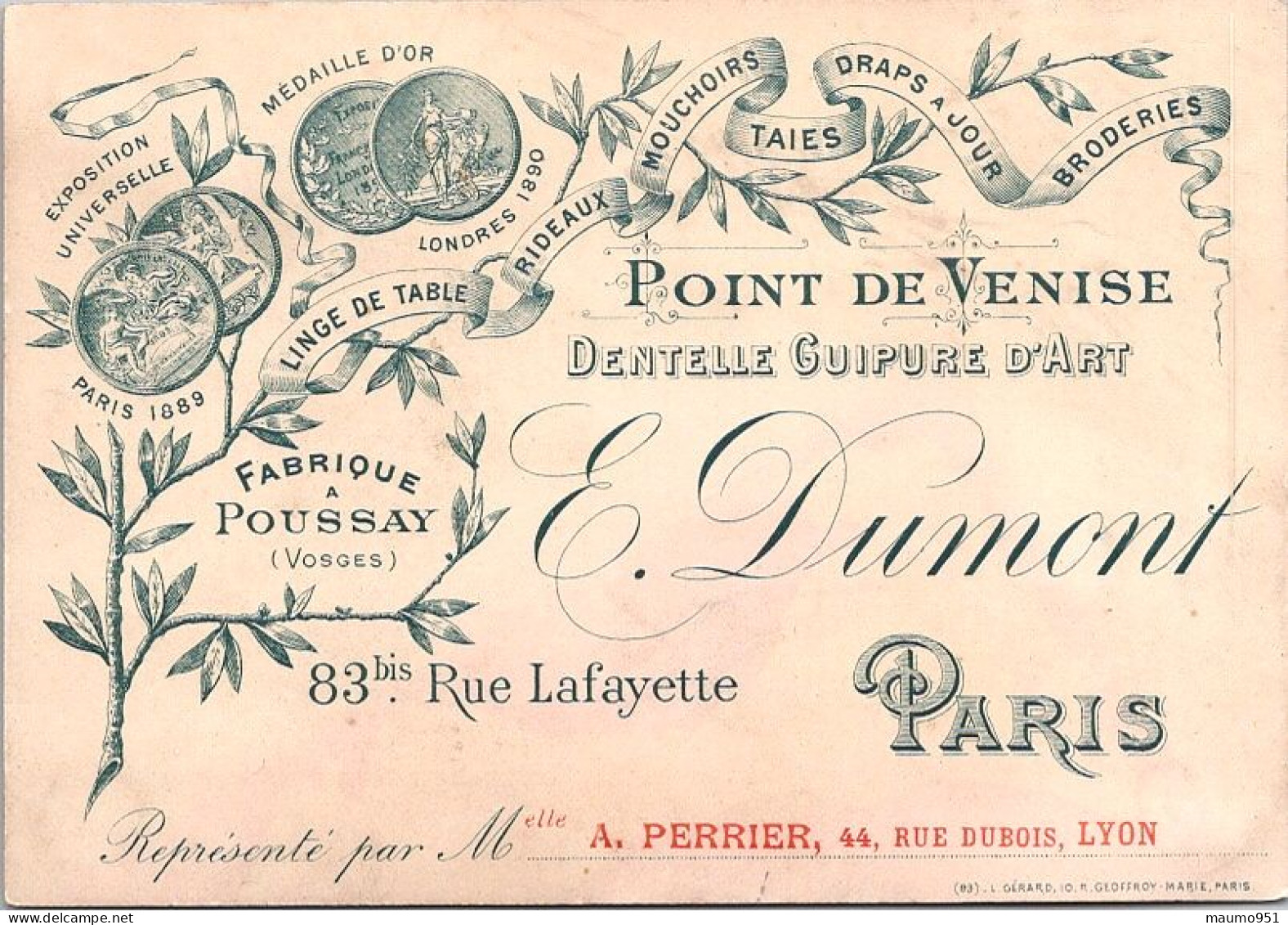 CARTE DE VISITE ET PUBLICIAIRE ANCIENNE -  POINT DE VENISE DENTELLE GUIPURE D'ART - PARIS - Advertising