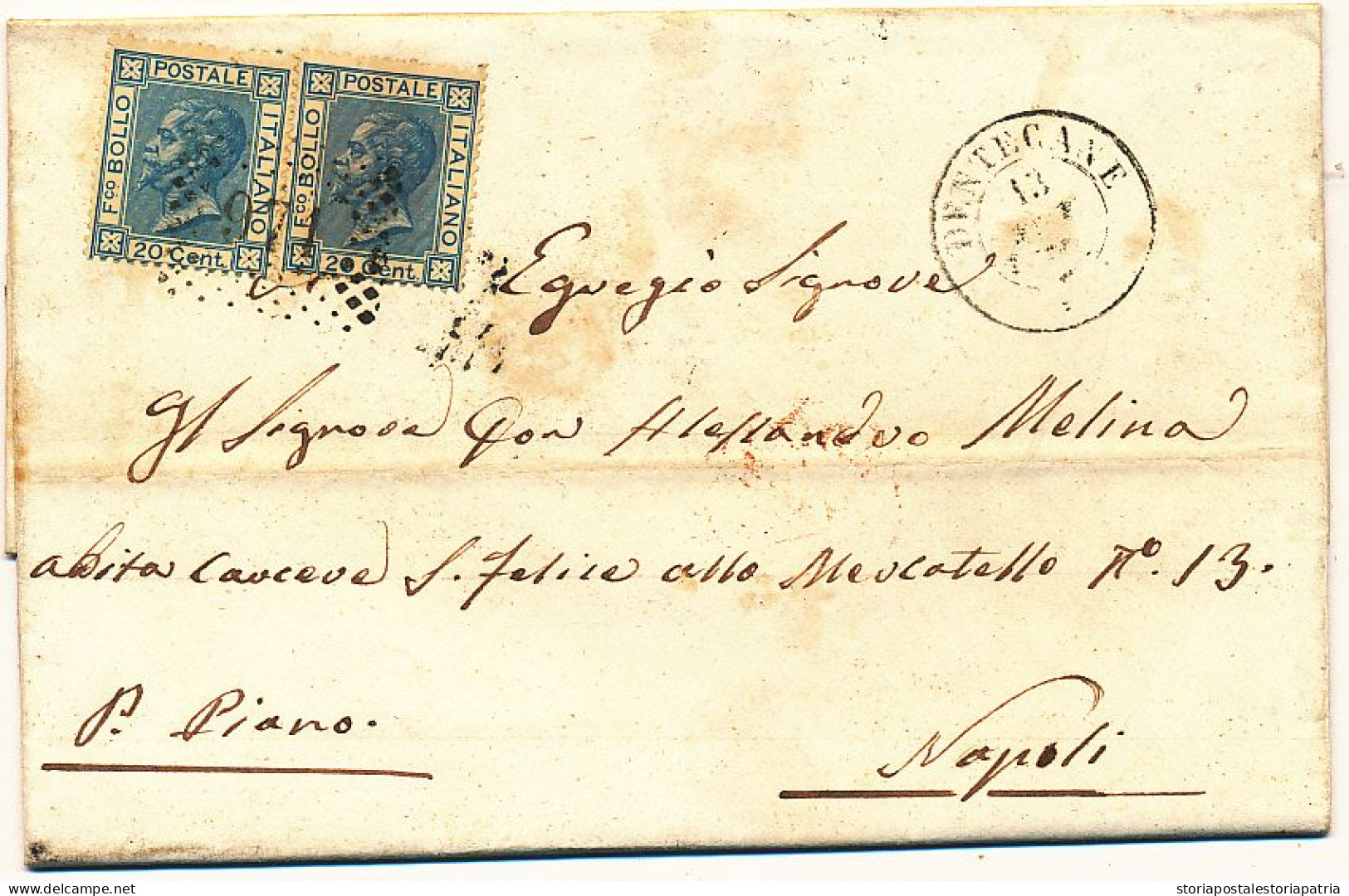 1871 DENTECANE DOPPIO CERCHIO + NUMERALE A PUNTI  LETTERA DOPPIO PORTO 2X 0,20 BIGOLA - Storia Postale