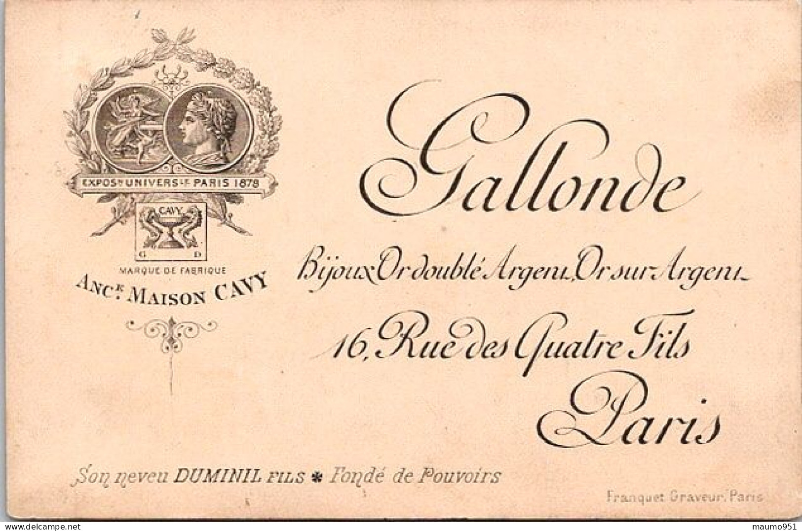 CARTE DE VISITE ET PUBLICIAIRE ANCIENNE - GALONDE BIJOUX OR DOUBLE ARGENT OR SUR ARGENT PARIS - Advertising