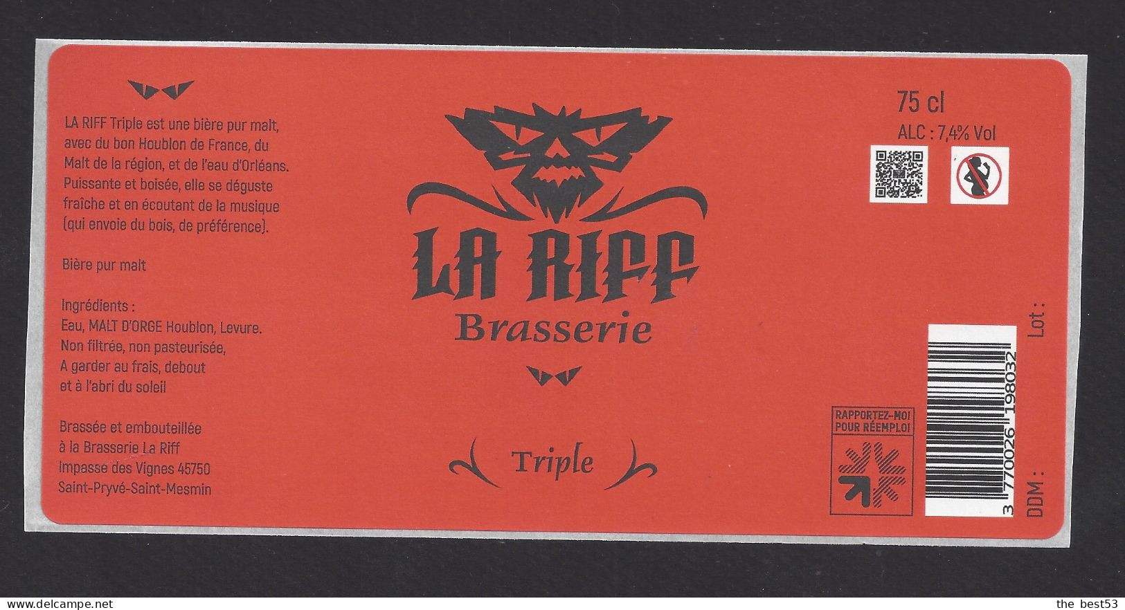 Etiquette De Bière Triple  -  Brasserie La Riff à Saint Pryvé Saint Mesmin (45) - Bier