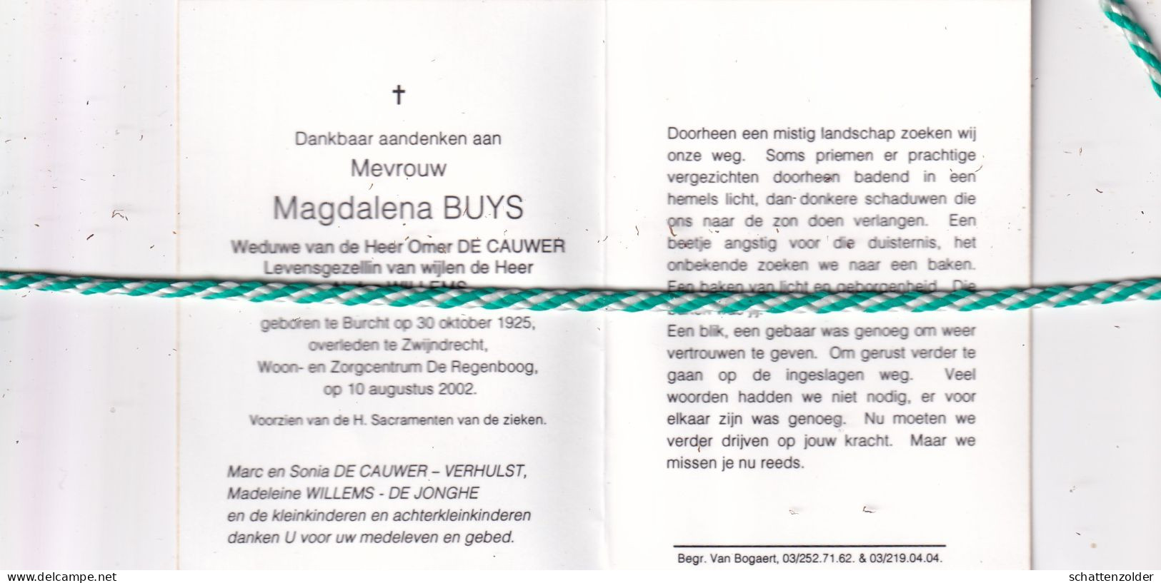 Magdalena Buys-De Cauwer-Willems, Burcht 1925, Zwijndrecht 2002. Foto - Avvisi Di Necrologio