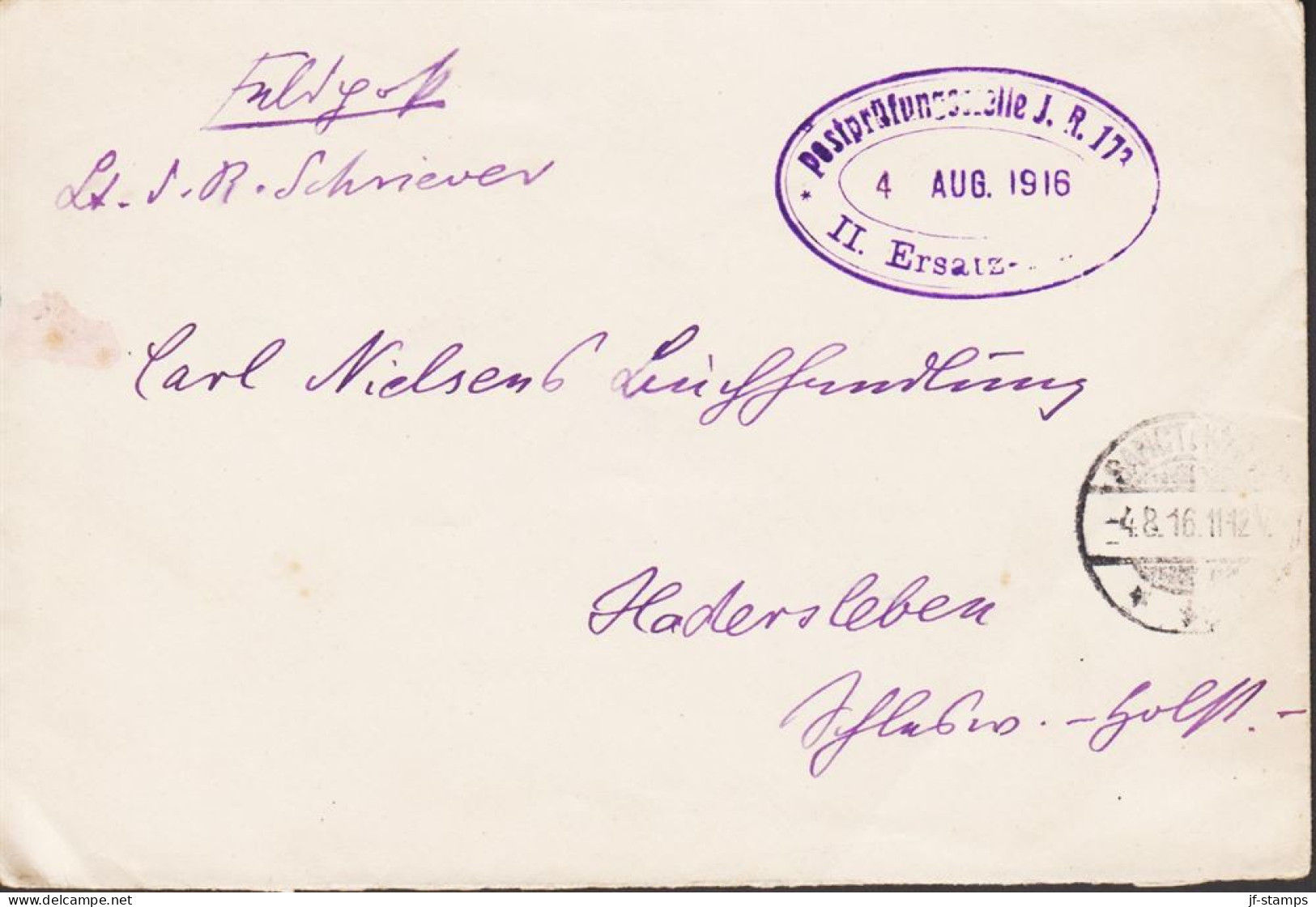1916. DEUTSCHES REICH. Interesting Feldpost Cover To Hadersleben Cancelled SANCT... 4.8.16 And Censor Canc... - JF545850 - Schleswig-Holstein