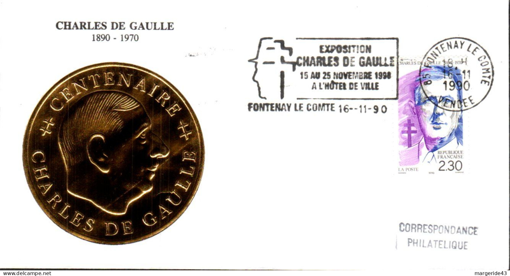 EXPOSITION CHARLES DE GAULLE A FONTENAY LE COMTE VENDEE 1990 - Gedenkstempels