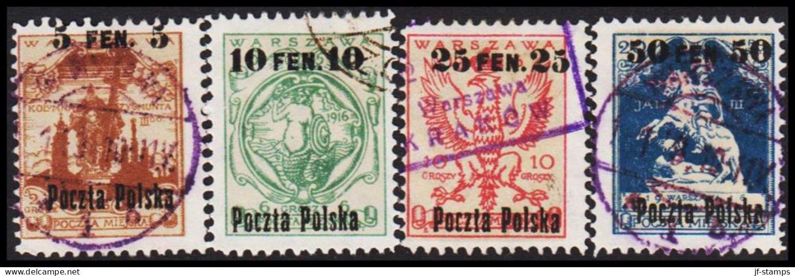 1918. POLSKA. Poczta Polska / WARSZAWA  Complete Set 3 Stamps With Violet Cancels. Interestin... (Michel 2-5) - JF545878 - Used Stamps