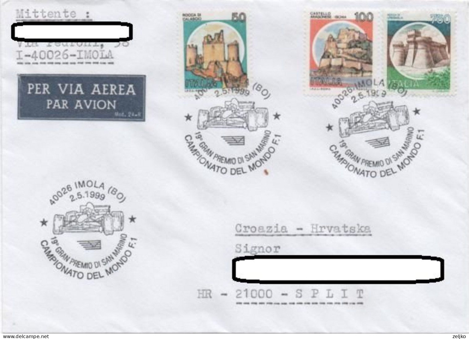 Italy, Cars, F1 World Championship Imola 1999, Air Mail To Croatia - Automobile