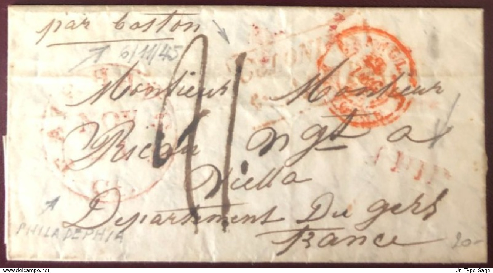 Etats-Unis, Lettre Cachet Philadelphia 6.11.1845 + COLONIES ART13 Pour La France, Mention Manuscrite "Sur Mer" - (C164) - Poststempel