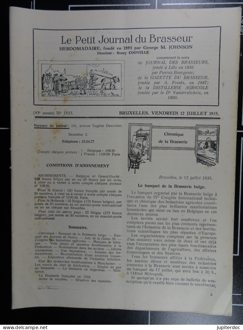 Le Petit Journal Du Brasseur N° 1833 De 1935 Pages 702 à 722 Brasserie Belgique Bières Publicité Matériel Brassage - 1900 - 1949