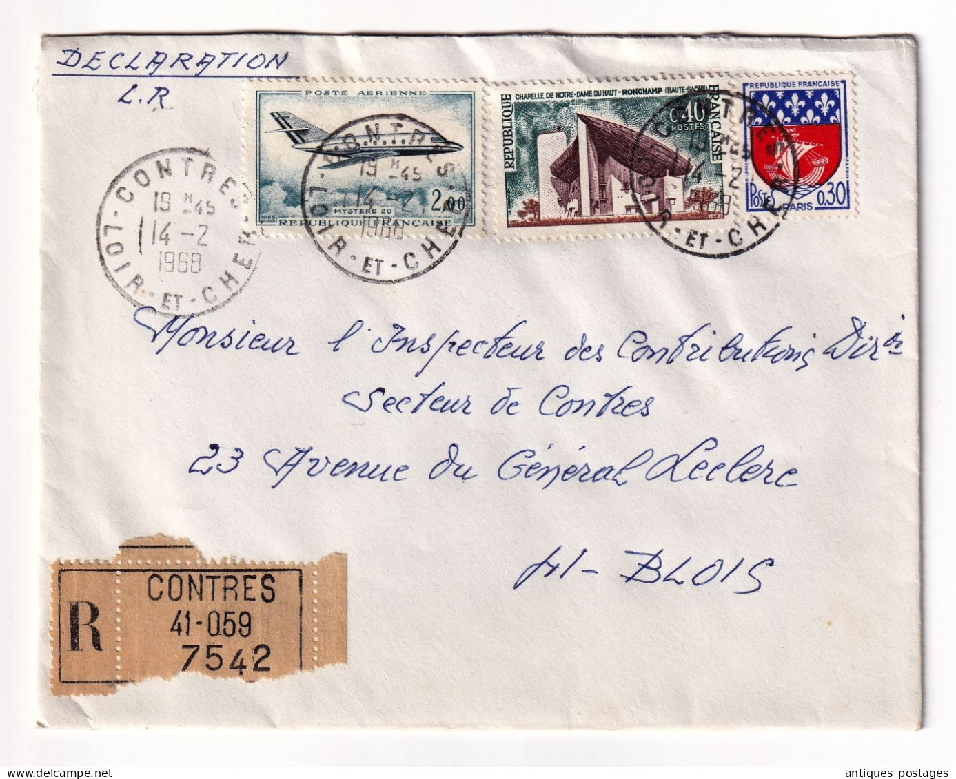 Lettre Recommandé 1968 Contres Loir Et Cher Poste Aérienne Mystère 20 Chapelle Roncham Haute Saône - Lettres & Documents