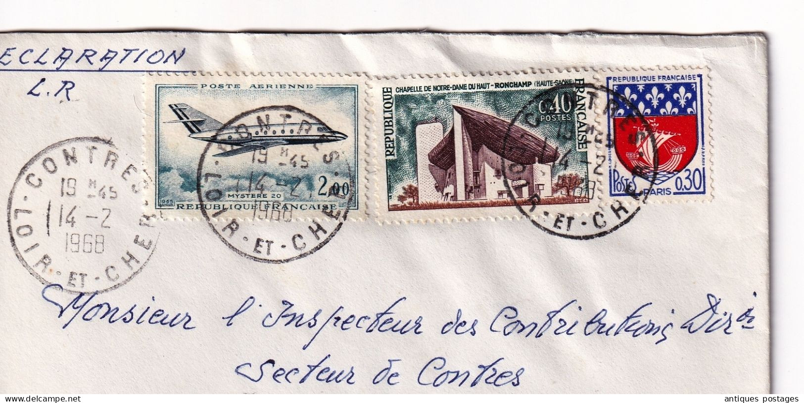 Lettre Recommandé 1968 Contres Loir Et Cher Poste Aérienne Mystère 20 Chapelle Roncham Haute Saône - Covers & Documents