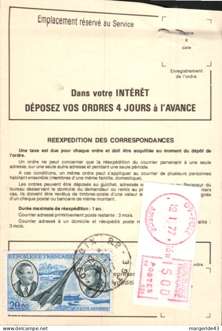 AFFRANCHISSEMENT MIXTE SUR ORDRE DE REEXPEDITION DE FOIX ARIEGE 1977 - Tarifs Postaux