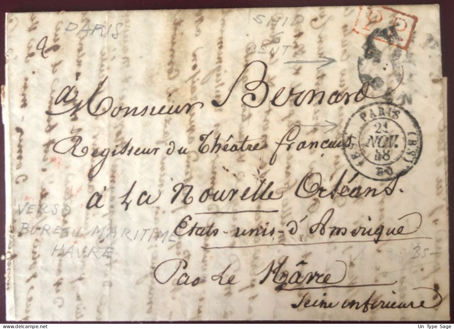 Etats-Unis, Cachet SHIP 6 Cents Sur Lettre De Paris 21.11.1848 Pour La Nouvelle Orléans - (C177) - Marcofilie