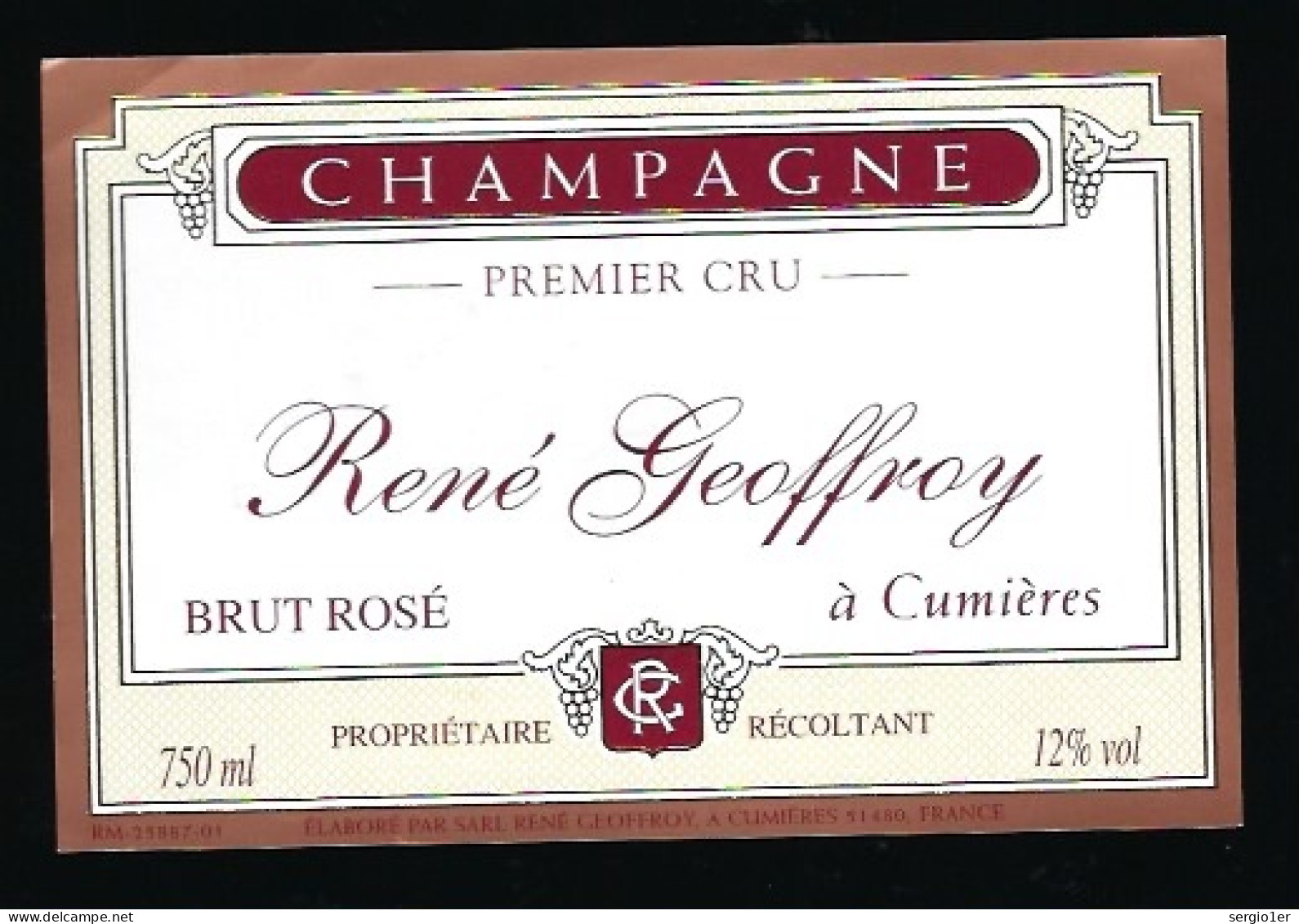 Etiquette Champagne 1er Cru  Brut Rosé René Geoffroy  Cumieres  Marne 51 - Champagne