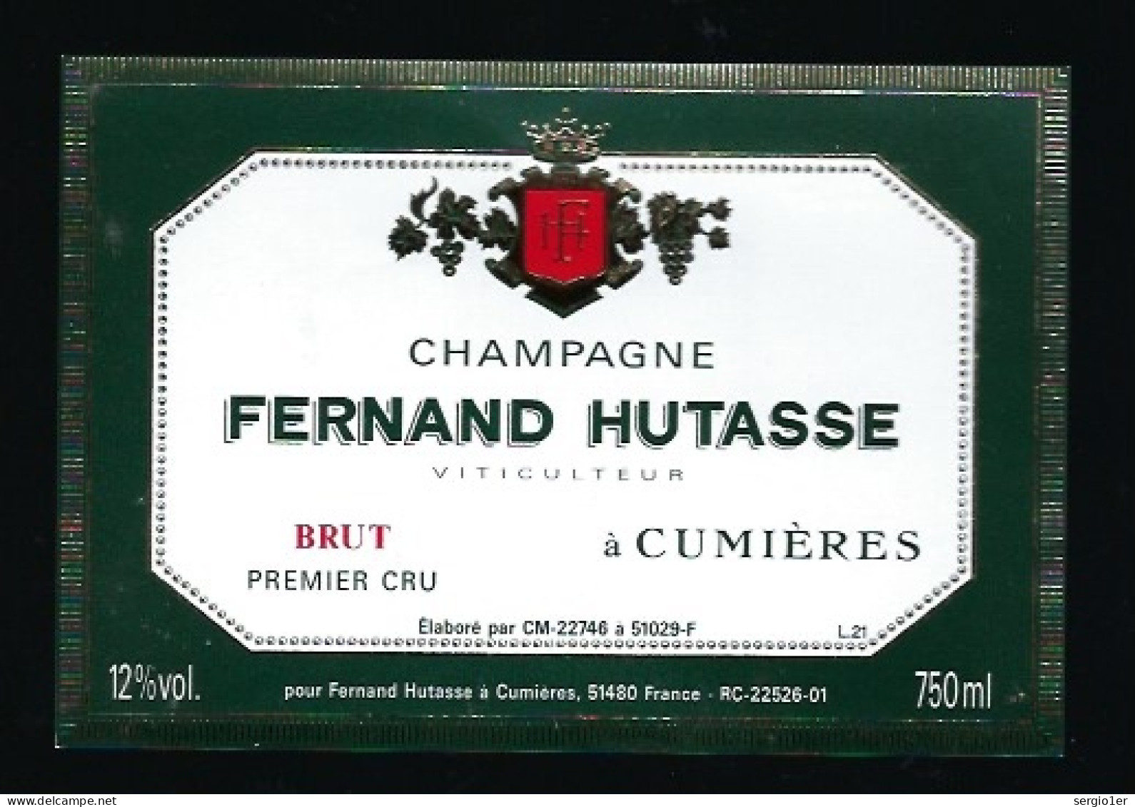Etiquette Champagne  Brut 1er Cru Fernand Hutasse   Cumieres  Marne 51 - Champagner
