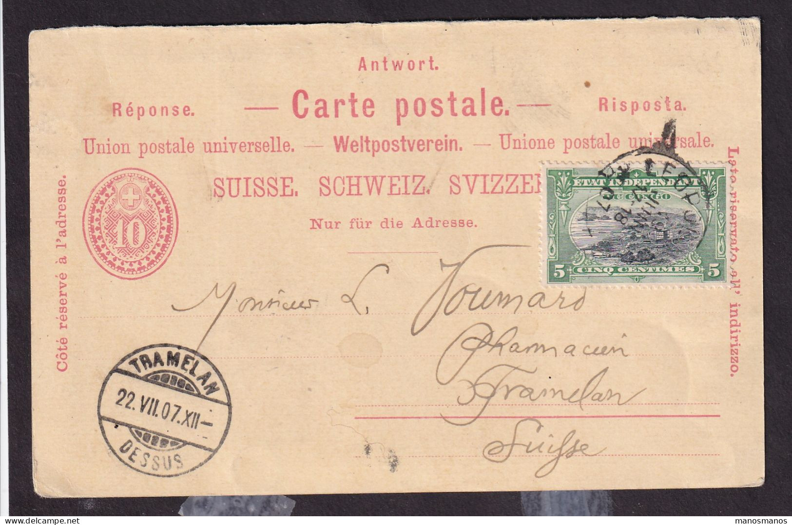 243/41 - CONGO Etat Indépendant - Entier REPONSE Suisse + TP Mols  LEOPOLDVILLE 1907 - RARE Affranchissement MIXTE - Storia Postale