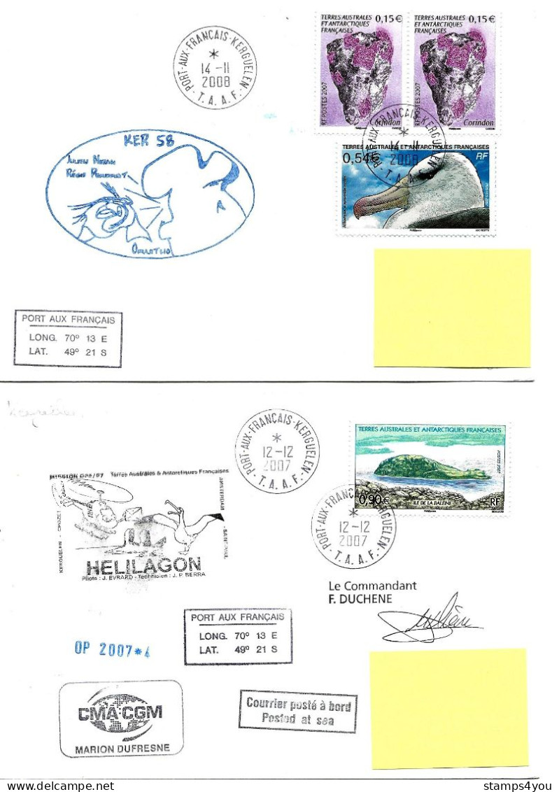 PO - 75 - 4 Enveloppes Kerguelen - Cachets Illustrés Et Signatures - Lettres & Documents