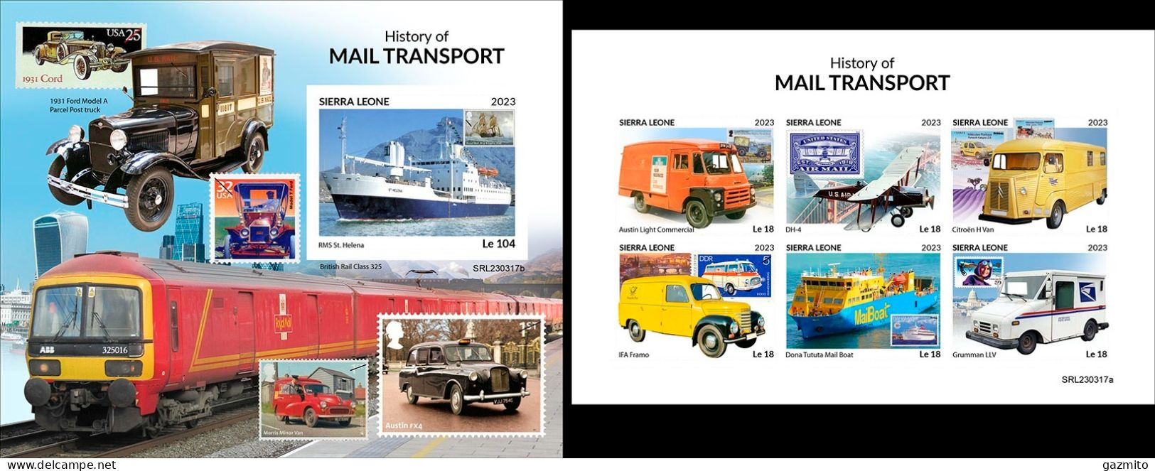 Sierra Leone 2023, Mail Transport, Stamp On Stamp, Car, Train, 6val In BF +BF IMPERFORATED - Briefmarken Auf Briefmarken
