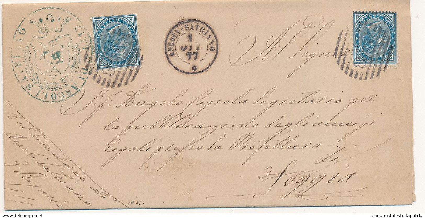 1877 ASCOLI SATRIANO DOPPIO CERCHIO + NUMERALE A SBARRE + BEL TIMBRO ARALDICO E FIRMA SINDACO - Marcophilie