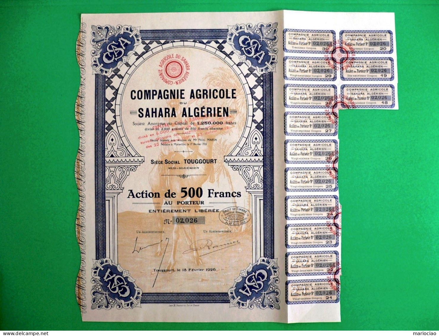 T-CFR Compagnie Agricole Du Sahara Algérien Touggourt 1926 - Agricoltura