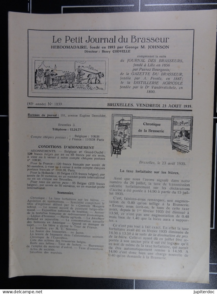 Le Petit Journal Du Brasseur N° 1839 De 1935 Pages 858 à 880 Brasserie Belgique Bières Publicité Matériel Brassage - 1900 - 1949