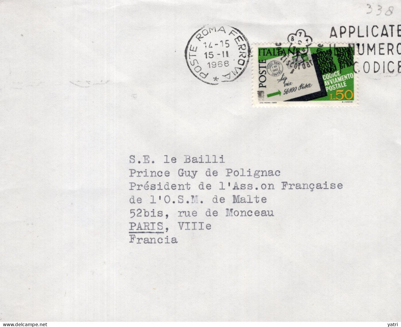 Italia (1968) - 50 Lire "Codice Avviamento Postale" Su Busta Per La Francia In Tariffa Ridotta - 1961-70: Marcophilia