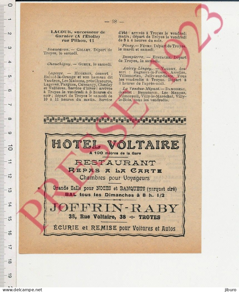 Publicité 1923 Joffrin-Raby Hôtel Voltaire 38 Rue Voltaire Troyes - Non Classés