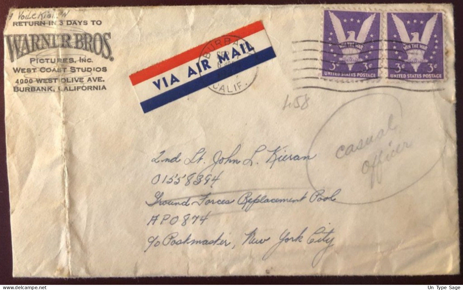 Etats-Unis, YT N°458 Sur Enveloppe De Burbank, CA Pour APO 874 (New-York) - (B2741) - Storia Postale