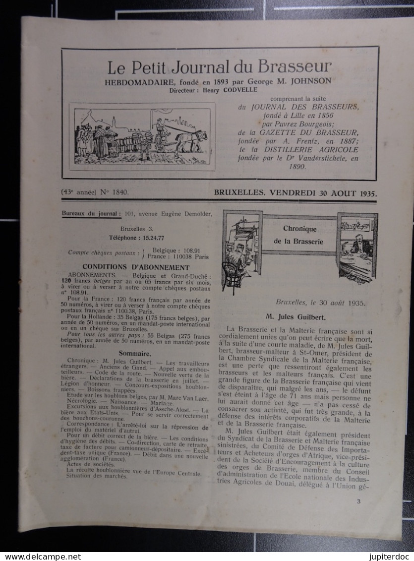 Le Petit Journal Du Brasseur N° 1840 De 1935 Pages 882 à 912 Brasserie Belgique Bières Publicité Matériel Brassage - 1900 - 1949