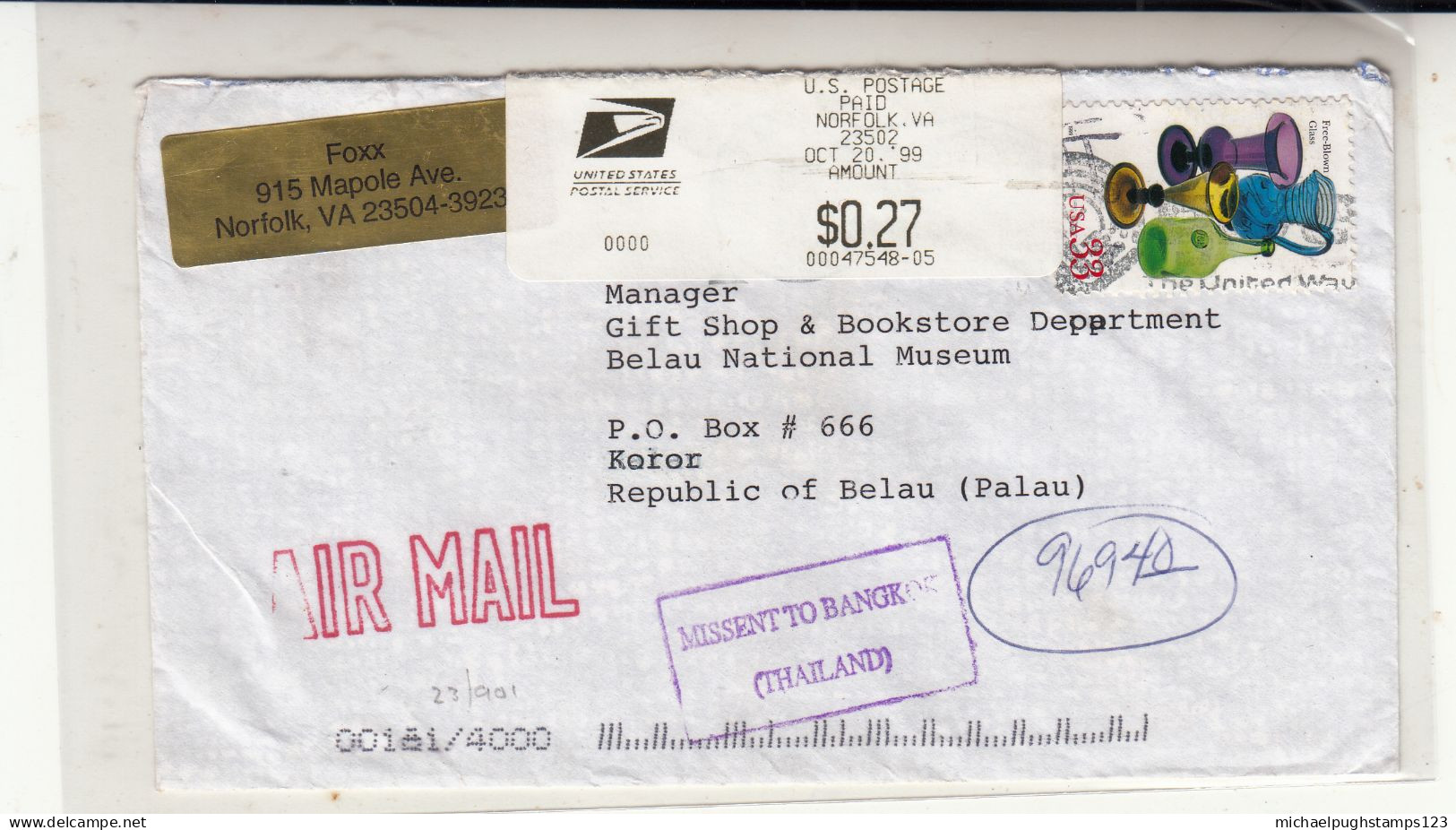 Thailand / Missent Mail / U.S. / Palau / Airmail - Thailand