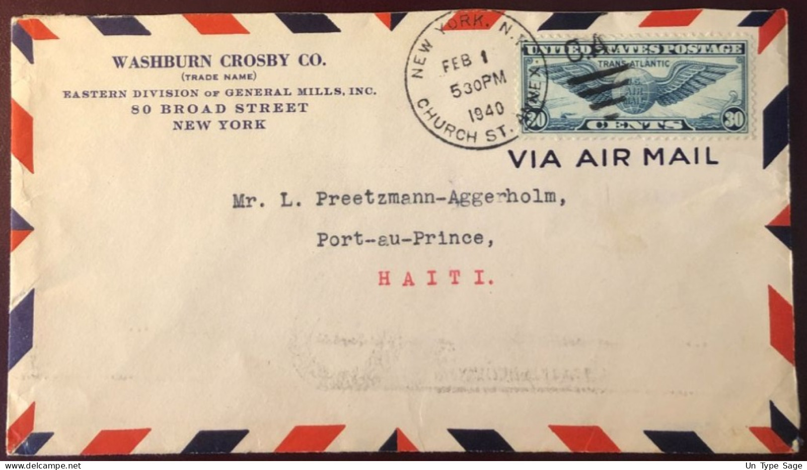 Etats-Unis, Divers PA Sur Enveloppe De New-York 1.2.1940 Pour Port-au-Prince, HAITI - (B2742) - Marcofilie