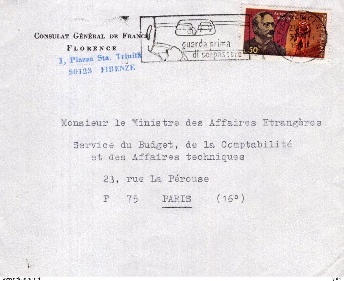 Italia (1968) - 50 Lire "Arrigo Boito" Su Busta Per La Francia In Tariffa Ridotta - 1961-70: Marcophilie