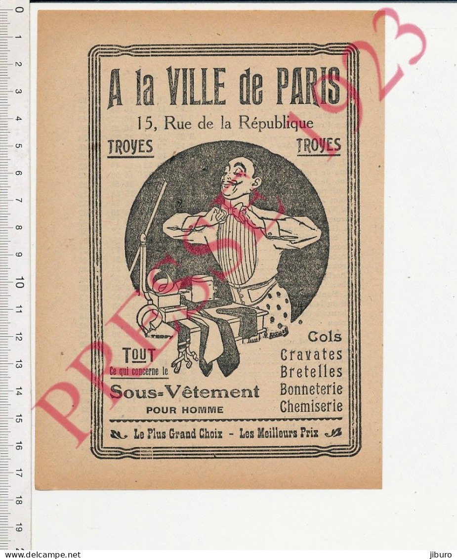 Publicité 1923 A La Ville De Paris 15 Rue De La République Troyes Sous-vêtements Homme Cravates Bretelles Chemiserie - Non Classés