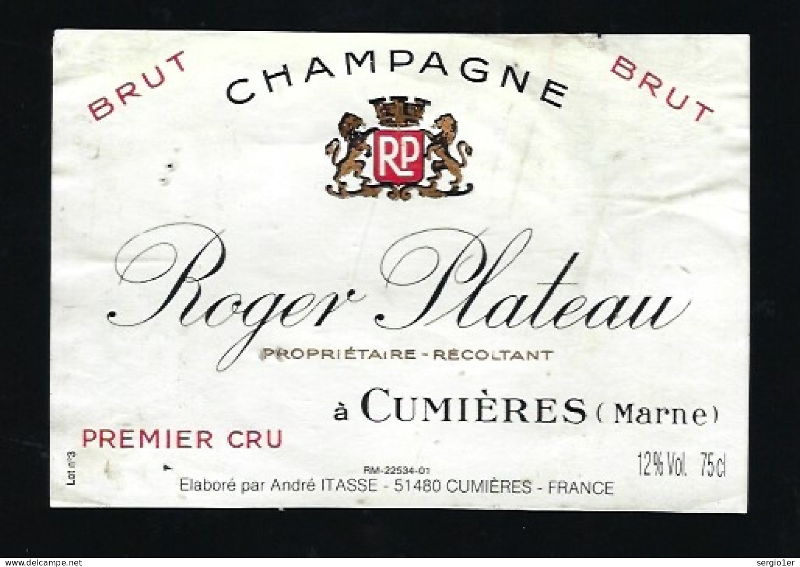 Etiquette Champagne Brut 1er Cru Roger  Plateau   Cumieres  Marne 51  élaboré Par André Itasse Cumieres - Champagner