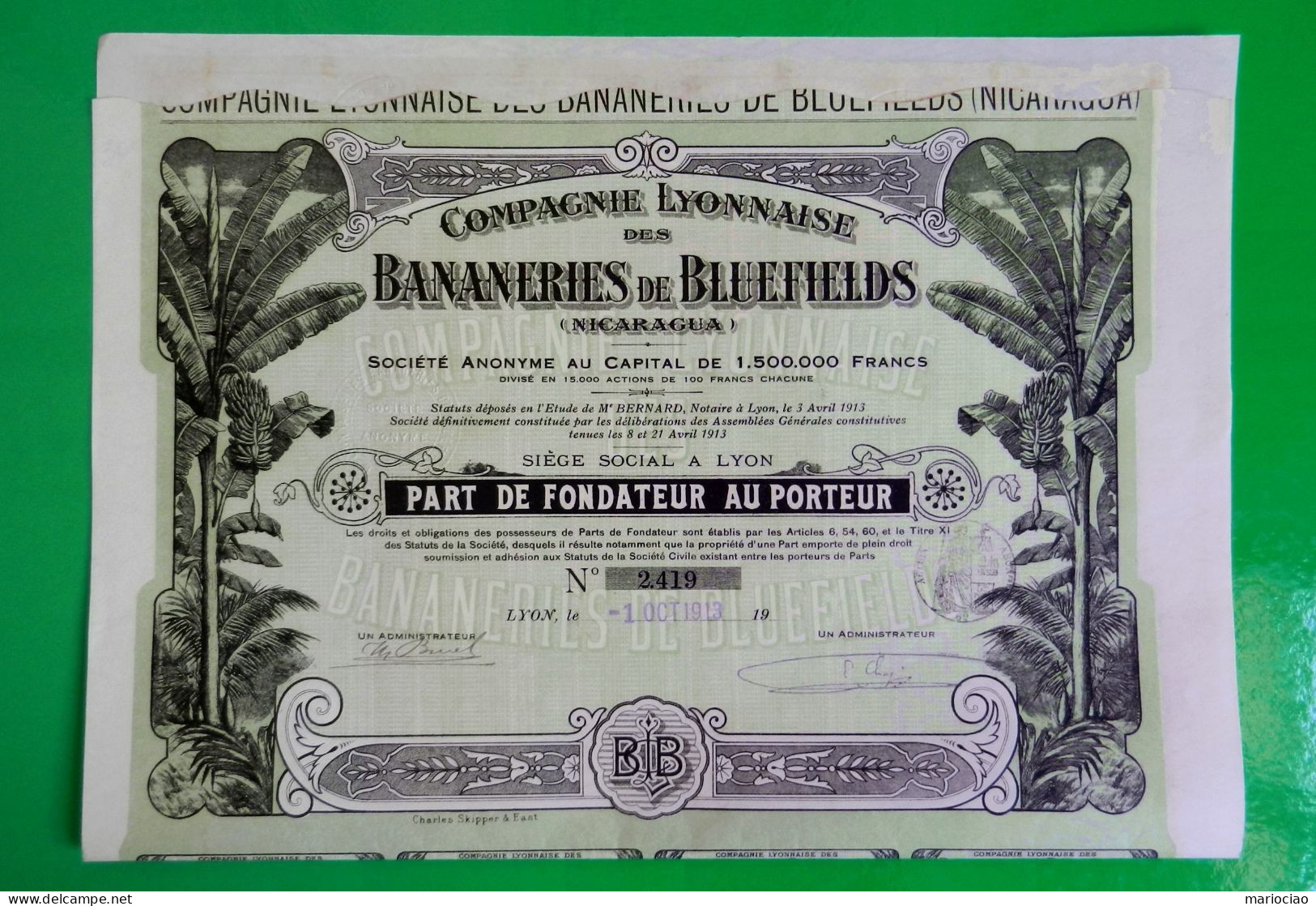 T-CFR Compagnie Lyonnaise Des BANANERIES DE BLUEFIELDS Nicaragua 1913 - Landwirtschaft