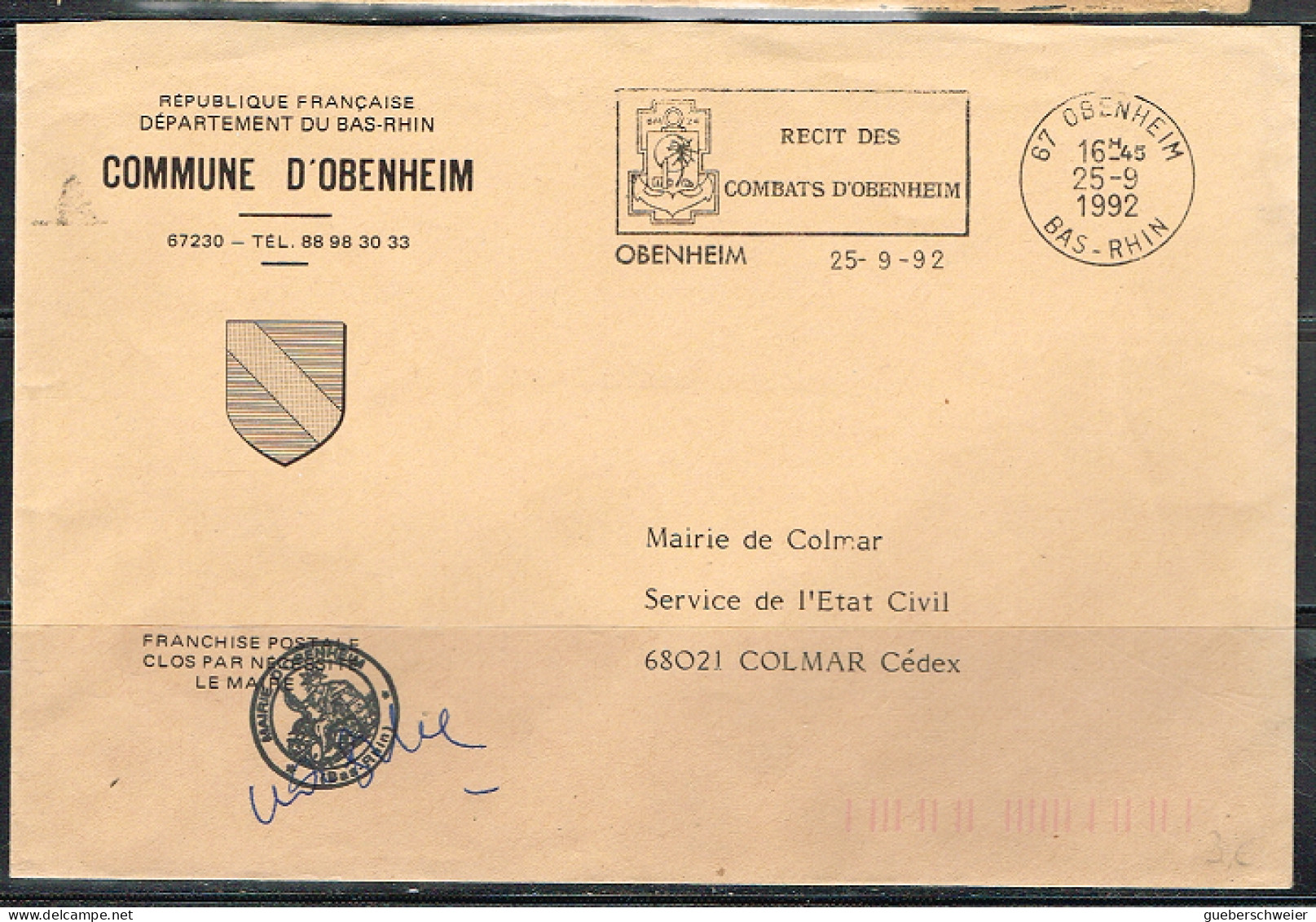 GUE-L88 - FRANCE Flamme Illustrée Sur Lettre En Franchise Postale Récit Des Combats D'Obenheim 1992 - Oblitérations Mécaniques (flammes)