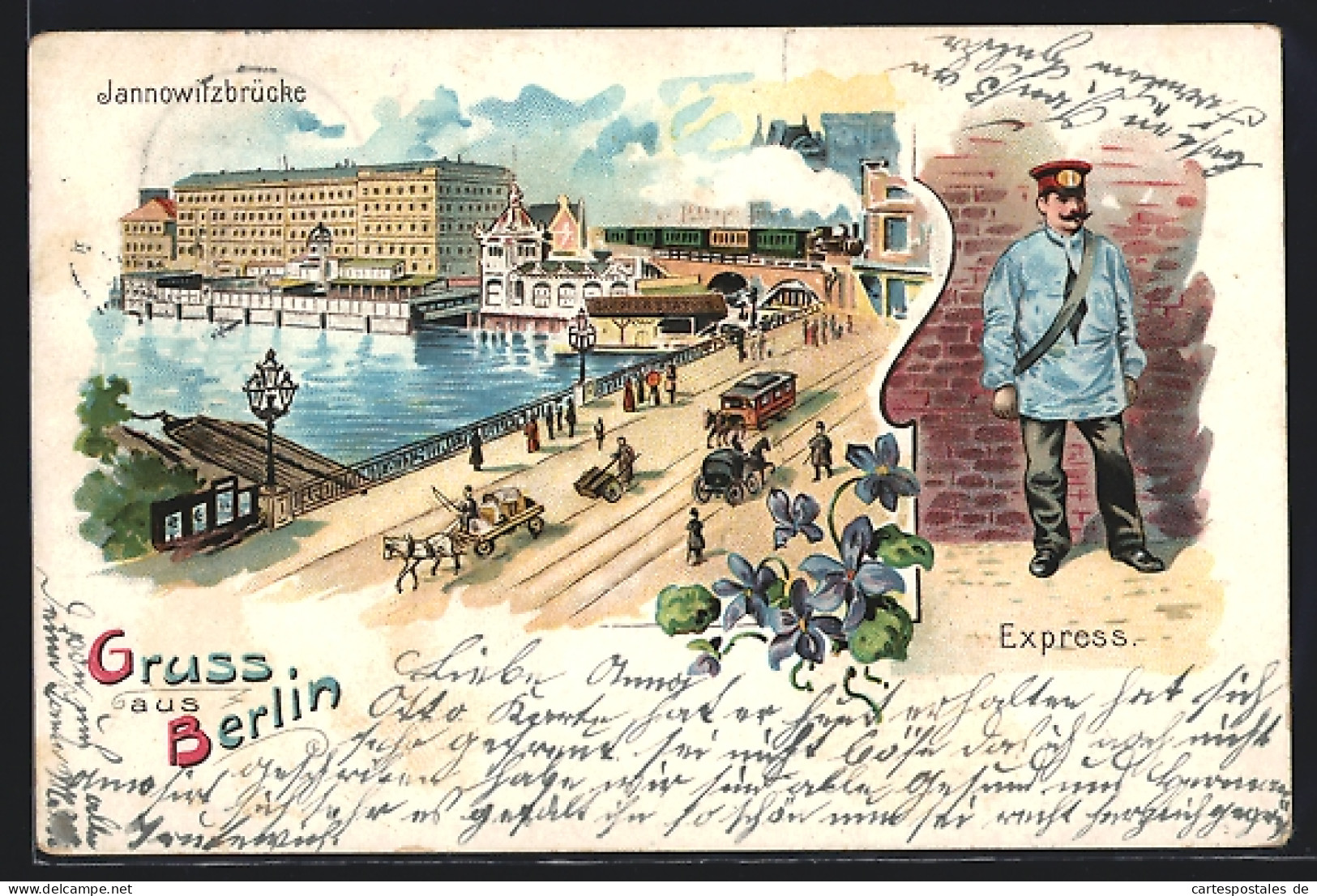 Lithographie Berlin, Express-Briefbote, Pferdebahn Auf Der Jannowitzbrücke, Pferdegespanne  - Post