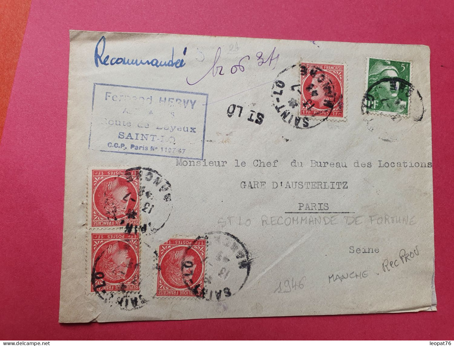 Enveloppe En Recommandé Provisoire De St Lo Pour Paris En 1946  - Réf 3501 - 1921-1960: Période Moderne