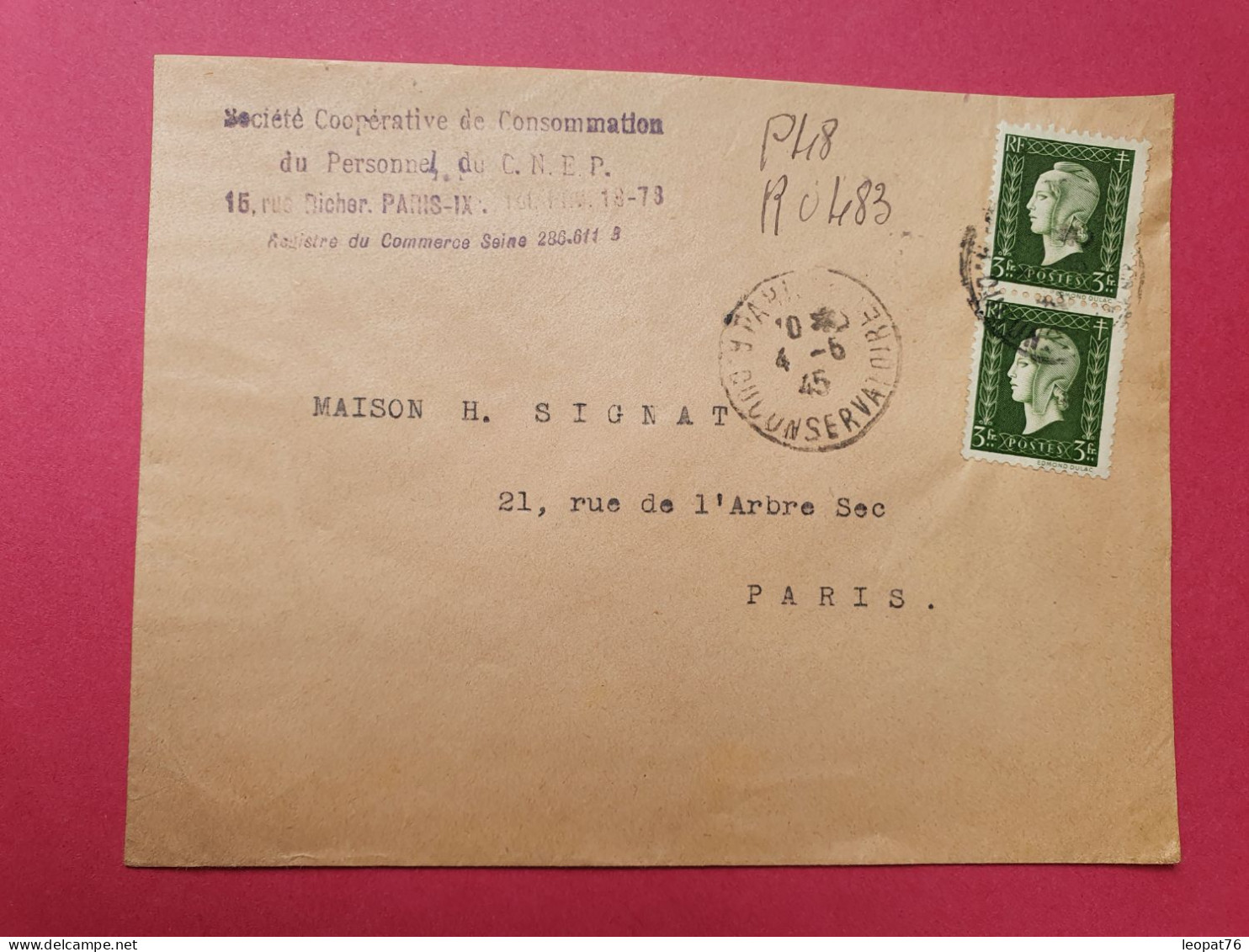 Dulac 3fr En Paire Sur Enveloppe En Recommandé Provisoire De Paris Pour Paris En 1945  - Réf 3502 - 1921-1960: Moderne