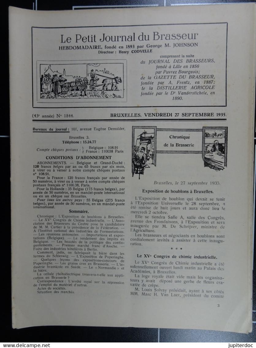 Le Petit Journal Du Brasseur N° 1844 De 1935 Pages 990 à 1016 Brasserie Belgique Bières Publicité Matériel Brassage - 1900 - 1949