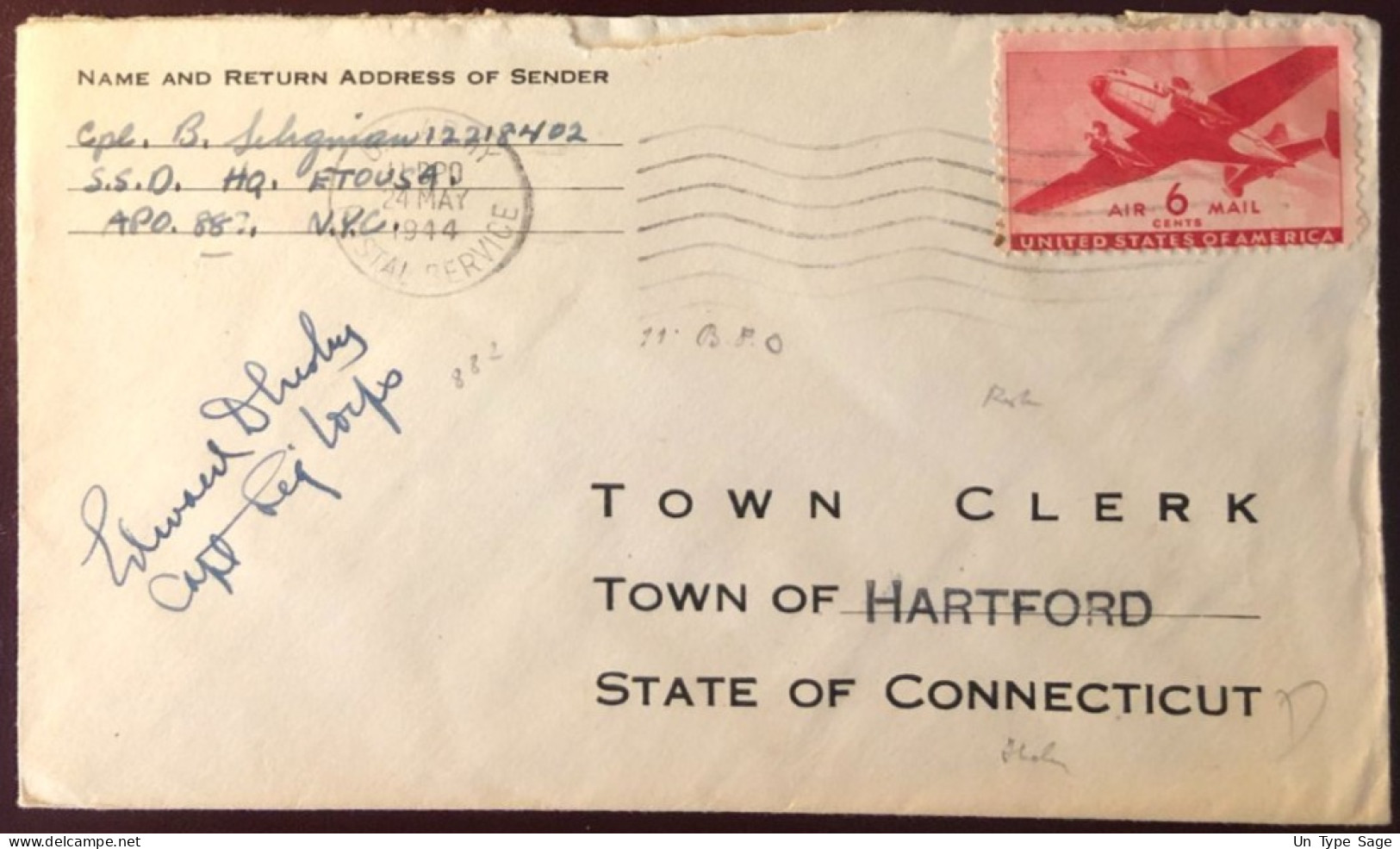 Etats-Unis, Divers Sur Enveloppe A.P.O. 882 Du 24.5.1944 Pour Hartford, CONN. - (B2746) - Poststempel