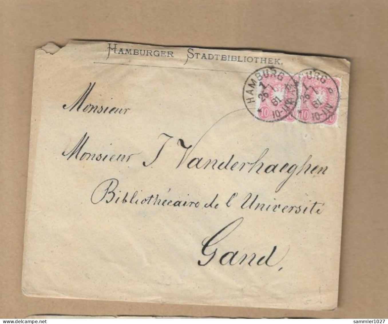Los Vom 07.05 Briefumschlag Aus Hamburg Nach Gand  1881 - Cartas & Documentos