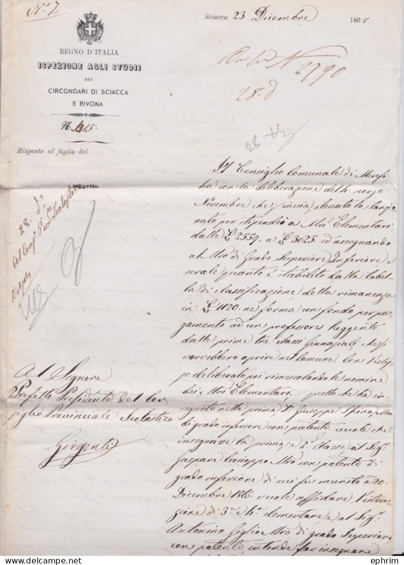 Italie Pli Lettre Regno D'Italia Ispezione Agli Studii Dei Circondari Di Sciacca E Bivona Riposta Girgenti Sicilia 1868 - Storia Postale